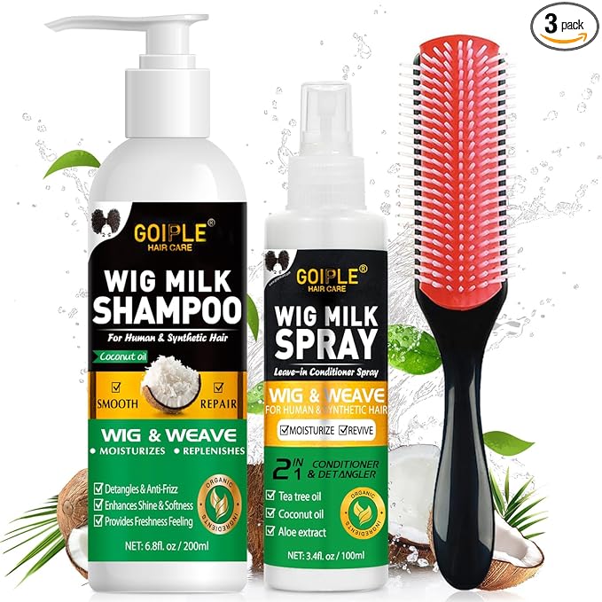 Wig Shampoo for Synthetic Wigs & Wig Milk Spray for Synthetic Hair, Detangle and Anti-Frizz, Hydrates & Moisturizes Synthetic Wig Shampoo, Conditioner＆Detangler 2 in 1 Moisturize Spray Detangler Brush