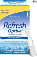 Refresh Optive Lubricant Eye Drops For Dry Eyes, Preservative-Free, 0.01 Fl Oz Single-Use Containers, 60 Count