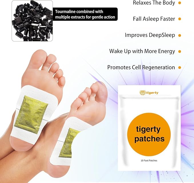tigerty Foot Patches (10 Pieces), deep Cleansing Foot Patch, Natural Bamboo Vinegar Ginger Powder Foot Care sitckers, Adhesive Patches, Relaxation, Stress Relief, Better Sleep, 10 Pieces (1 Pack)