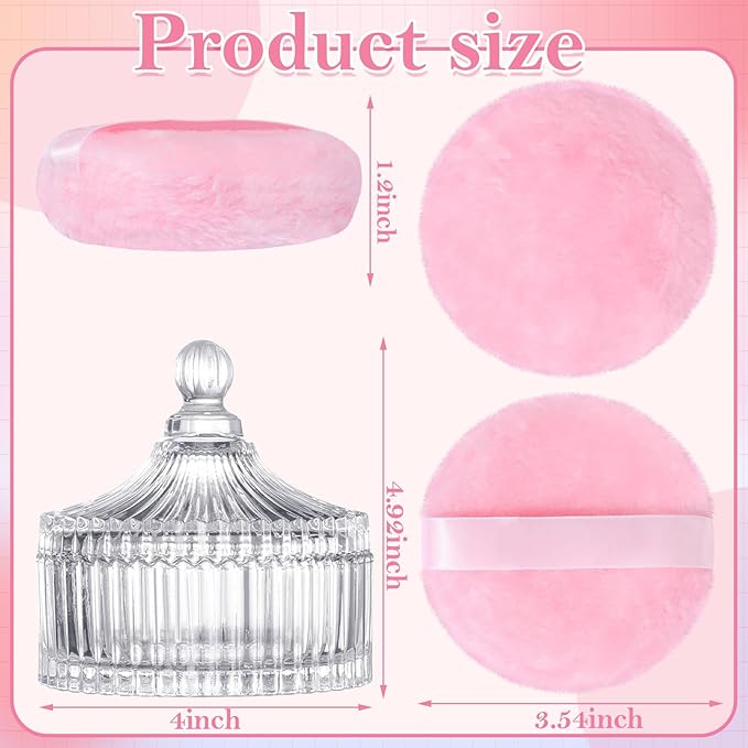 Large Body Powder Puff and Container, 3.54 Inch Women Powder Puff with Crystal Case for Dusting Powder, Pink
