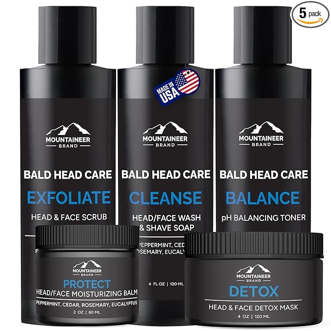 Mountaineer Brand Ultimate Bald Head Care Gifts Bundle For Men | All Natural 5 Step Skin Care for Healthy Scalp & Face | Exfoliate Scrub | Cleanse Wash | Shine Away | Moisturizing Balm | Detox