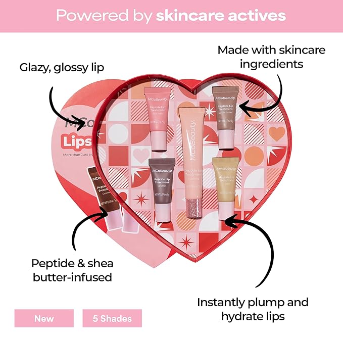 MCoBeauty Peptide Lip Treatment Gift Set - 5 Piece Plumping Balm Gloss Tint Kit - Hydrating Cream Oil Plumper Volumizer with Shea Butter & Peptides for Dry Lips - Vegan & Cruelty Free