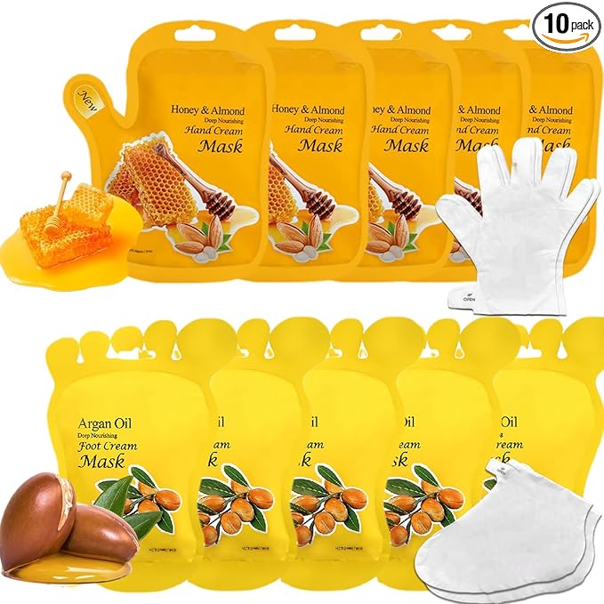 Elitzia Foot Mask Hand Mask Hydrating Honey Almond Gloves Argan Oil 10 Packs Multipack Socks Masks Moisturizing Repairing Nourishing Masks Spa Skin Care Women for Dry Rough Skin ETOHAF