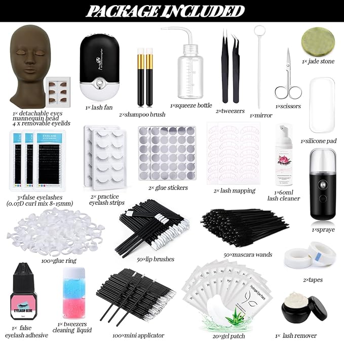 QUKLOGEN Lash Extension Kit Eyelash Practice for Beginners Professional Set with Mannequin Head Removable Eyelids USB Fan Spraye Individual False Lash Eyelash Strips Shampoo Brush Supplies