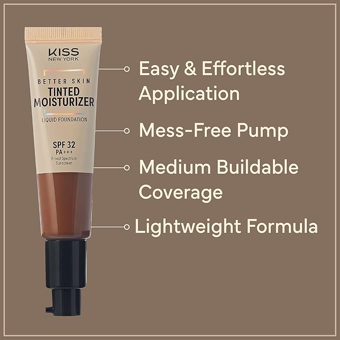 KISS NEW YORK Tinted Moisturizer with SPF 32 PA+++ (Mocha) 12 Hour Hydrating Sunscreen for Face, No White Cast for Dark Skin Tone, Natural Finish, Medium Coverage with Hyaluronic Acid, Vitamin E