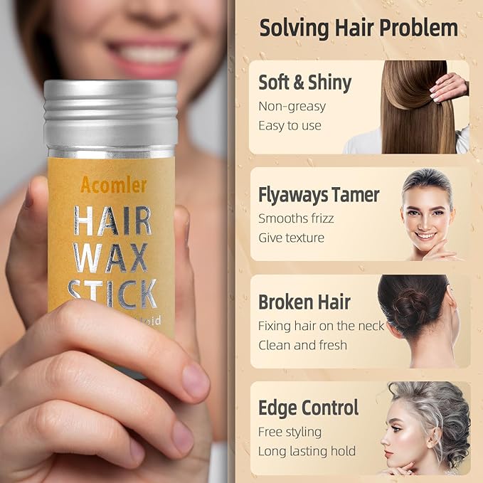 Acomler Hair Wax Stick, Wax Stick for Hair, Hair Stick for Flyaways, Fly Away Stick for Hair Non-greasy, Bun Maker Styling Waxes, Styling Cream Pomade Gel Tamer for Women, Kids, Girls (1 Pack, 2.7oz)
