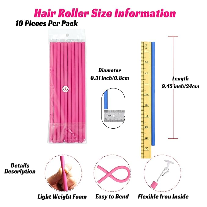Heatless Flexible Curling Rod, Skinny Small Flexi Rod 9.45" 30 Pieces Soft Twist Foam Tiny Hair Rollers for Tight Curl Women Girl Home Use Long and Short Hair (0.31" Diameter, Pink)