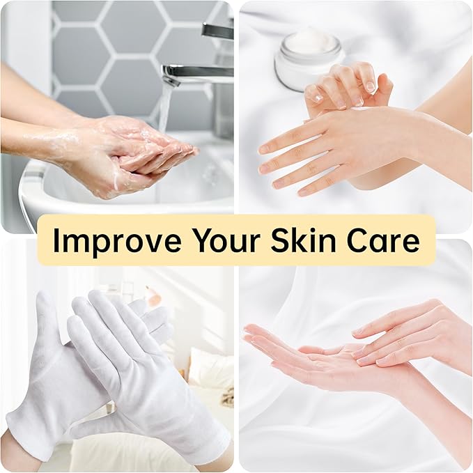 HandLove Premium 100% Cotton Gloves | Moisturizing Gloves for Dry Hands | Overnight Sleeping & Eczema | White Floral Dots, 12 Pairs