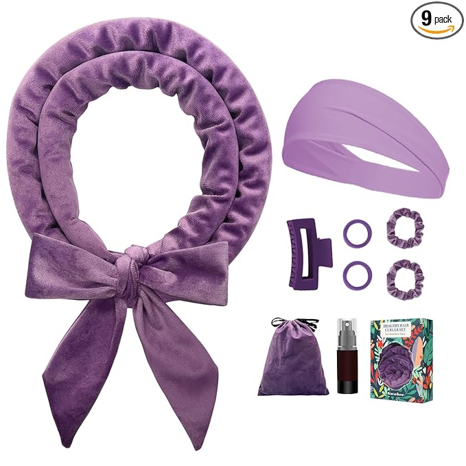 Gwabee No Heat Overnight Curl Headband, 70" Soft Ribbon Wrap with 9 PCS Curling Rods and Yoga Strap - Purple