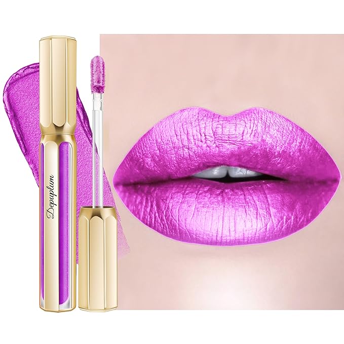 Depuplum Purple Lipsticks for Women Metallic Lipstick Long Lasting Shimmer Lip Gloss Metal Shine Glitter Waterproof Lipsticks Full Coverage Lip Color for Mother's Day,DP102 Piggy