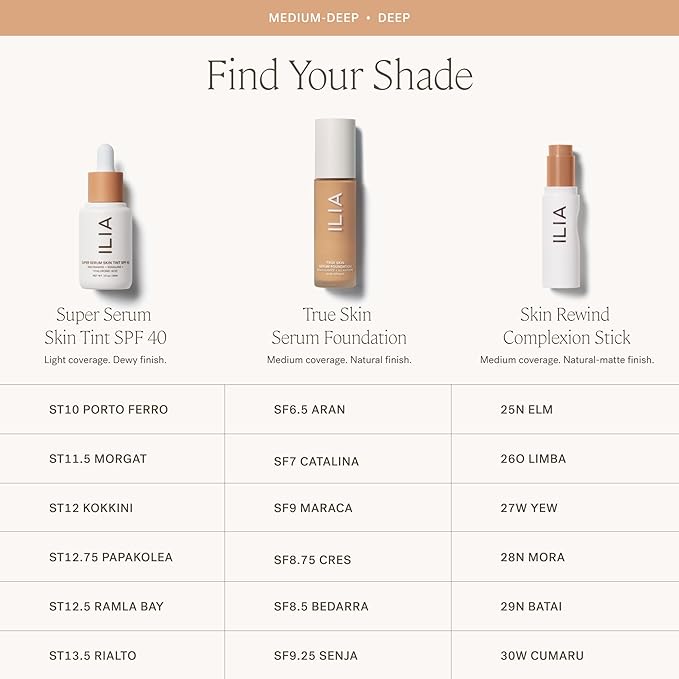 ILIA - True Skin Serum Foundation | Non-Comedogenic, Cruelty-Free, Vegan, Weightless Feel, Buildable Coverage, Safe for Sensitive Complexion (Senja SF9.25)