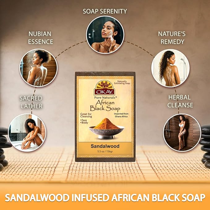 OKAY | African Black Soap with Sandlewood | For All Skin Types | Cleanses and Exfoliates | Nourishes and Heals | Free of Sulfate, Silicone & Paraben | 5.5 oz