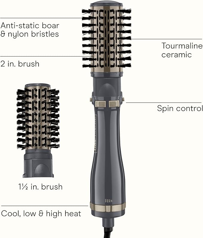 INFINITI PRO CONAIR Hot Air Styling Brush Set with 2-inch and 1.5-inch Bristles, 2 Tourmaline Ceramic Rotating Dryer Brush Attachments, Ideal for Every Hair Type, Multicolor