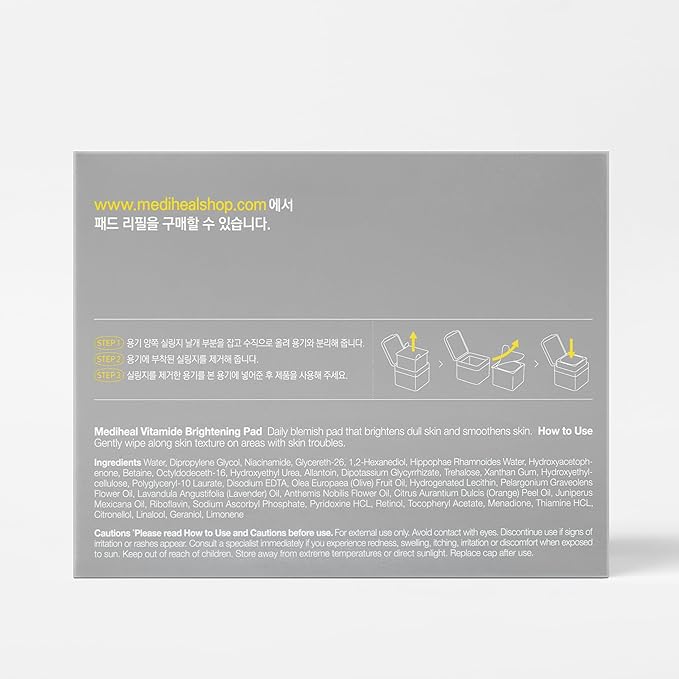 (Only Refill) Mediheal Vitamide Brightening Pad (100 Pads) - Radiance Boosting Pads for Clear, Illuminating Skin - Vegan Gauze Pad