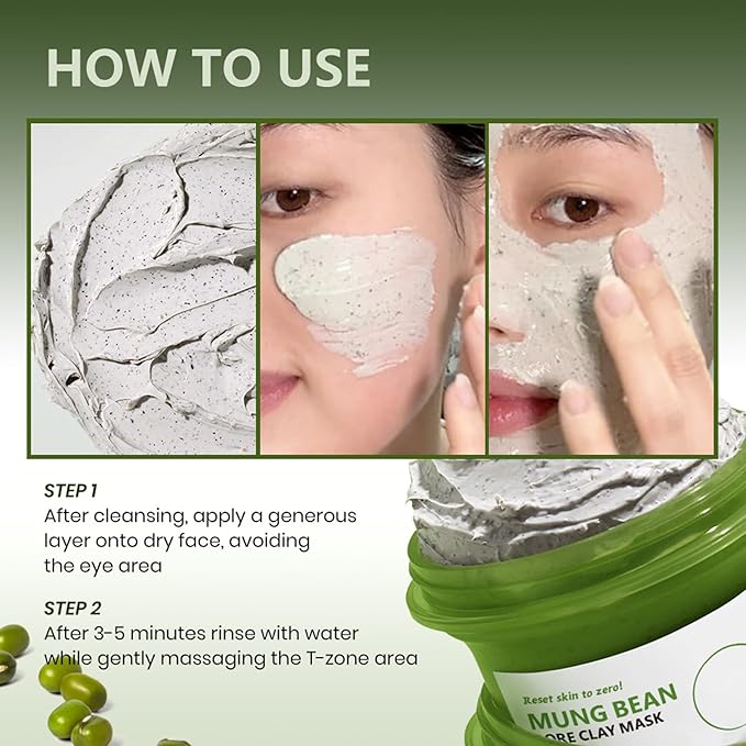 TEEROVA Mung Bean Pore Clay Mask, Fragrance Free Wash Off Mask for Blackhead & Whitehead, Gently Exfoliate Cleanse and Tighten Pores, 3.17 oz.