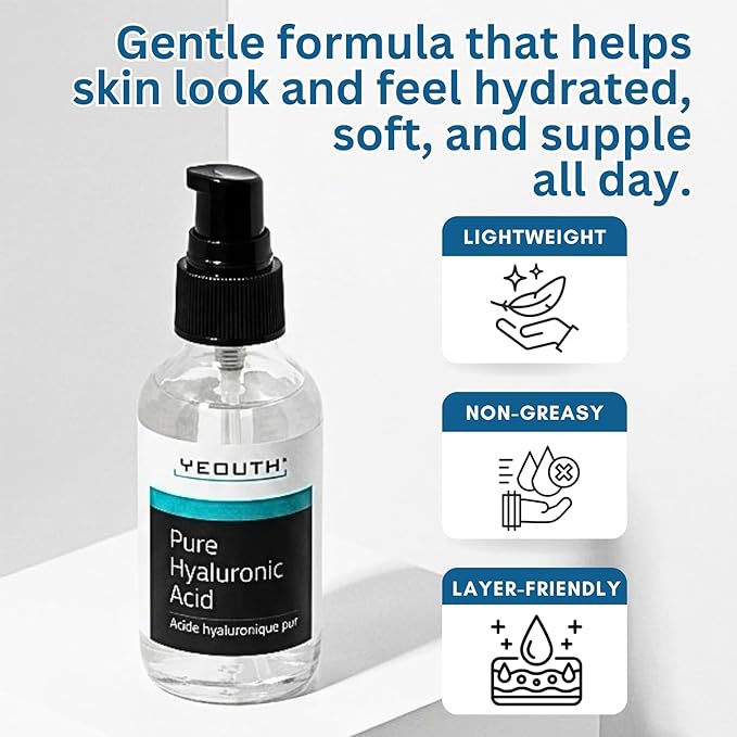 YEOUTH Pure Hyaluronic Acid Serum for Face 99% for Dry & Dull Skin, Hydrating Hyaluronic Acid Face Serum for Women & Men, Facial Care For All Skin Types 1oz