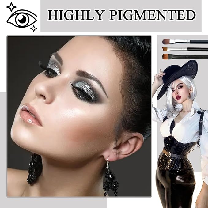 Black Grey Smoky Eyeshadow Palette,15 Colors Matte Shimmer Pigmented Eye Shadow Makeup Palette Set with 3 Eyeshadow Brushes,Glitter Eye Shadow for Daily Halloween Goth Makeup(N)
