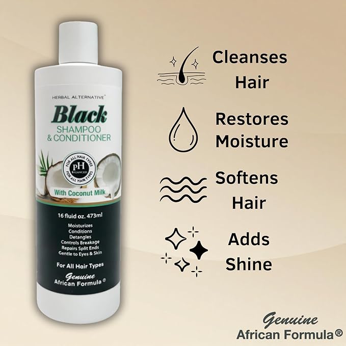 Black Shampoo & Conditioner with Coconut Milk | 2-in-1 Moisturizing Shampoo & Conditioner for Dry, Itchy, or Damaged Hair | Shea Butter, Keratin & Vitamin E | Hydrates, Smooths Frizz, Adds Shine, 16oz