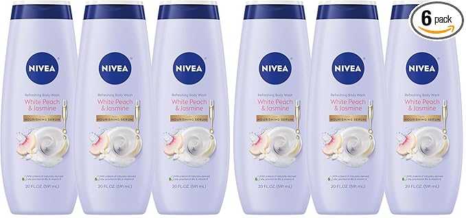 NIVEA Refreshing White Peach and Jasmine Body Wash with Nourishing Serum,Scented Body Wash for Women,Enriched with Provitamin B5 and Vitamin E,20 Fl Oz Bottle,(Pack of 6)