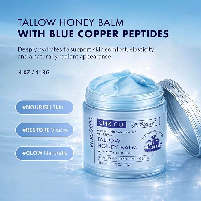 Copper Peptide GHK-Cu Beef Tallow: Grass-Fed Blue Balm for Mature Skin - Face and Body Moisturizer with Methylene Blue, Manuka Honey & Vitamin E – Natural Skincare for Dry & Sensitive Skin – 2PCS