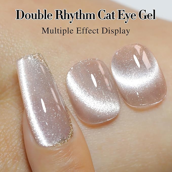 Double Rhythm Cat Eye Gel Polish with Magnet 15ML Holographic Glitter Shimmer Color 0.5 OZ Magnetic Salon DIY at Home (Champagne Nude-MC1020)