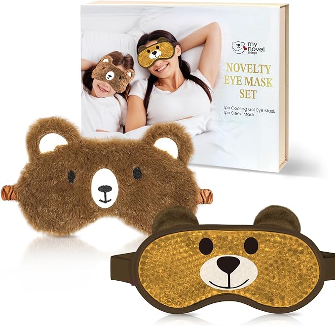 my novel things Cooling Eye Mask and Sleep Mask Eye Cover Girls Boys Birthday Cute Teens Woman, Cold Warm Eye Compress for Dry Eyes Spa at Home Travel Plush Blindfold Sleeping Unicorn Bear Cat Brown