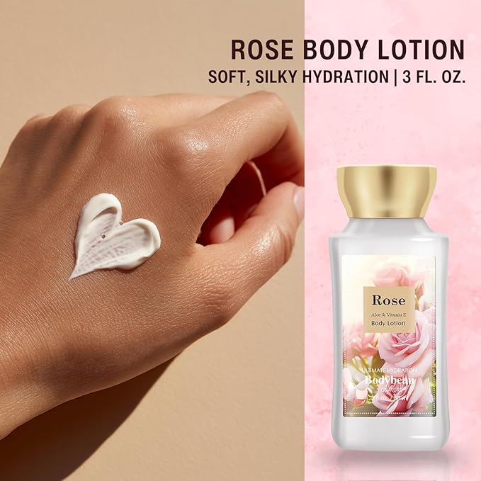 Rose Spa Gift Set For Women - 4PCS Luxury Bath and Body Kit with Shower Gel, Body Scrub, Lotion & Body Mist - Portable Travel Size Self Care Gift for Mom, Wife, Teens, Friends or Her
