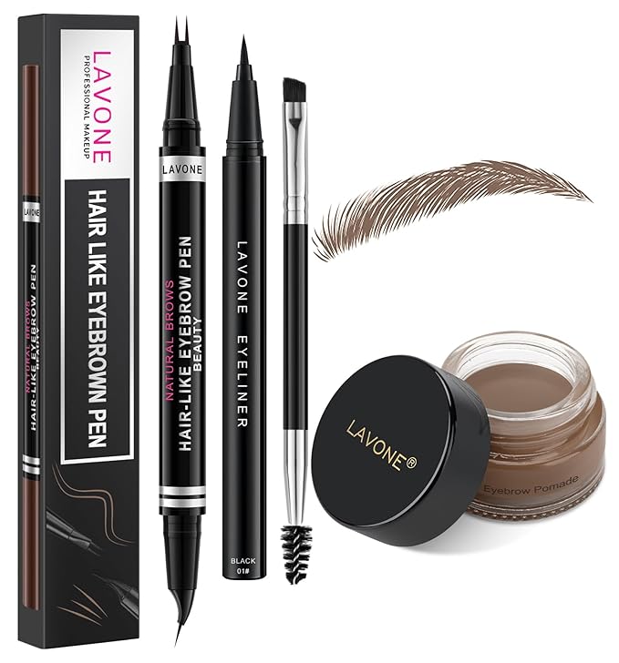 LAVONE Hair-Like Eyebrow Pen Makeup kit, Eyebrow Pencils for Women with Waterproof Microblading Eyebrow Pencil, Eyebrow Pomade, Eyeliner and Eyebrow Brush, Create Full, Natural Brows, Brown