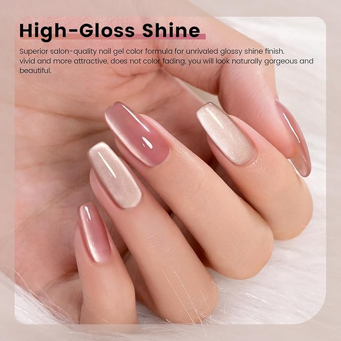 RARJSM Nude Glitter Cat Eye Gel Nail Polish Set 6Pcs Ceramics Pink Light Purple Brown Velvet Shimmer Smoothie Cateye Gel Polish with Magnetic Stick UV LED Curing Require Home Salon Nail Design