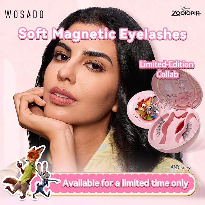 WOSADO×Zootopia1 Bag Gift Set, Disney [Nick] 21.5mm Soft Magnetic Eyelashes Kit with Applicator, Reusable Glue-free Wispy Magnetic Lashes, Cruelty-free False Lashes, Waterproof, for Makeup
