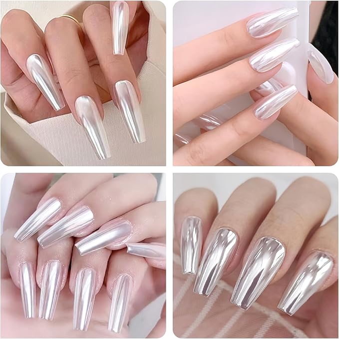 Magic White Chrome Nail Powder Super Glossy Mirror Effect for Gel Nails Polish Design, Moonlight Pearl Chrome Powder for Nails Metallic Silver Glitter Pigment Powder 0.5g with Tool