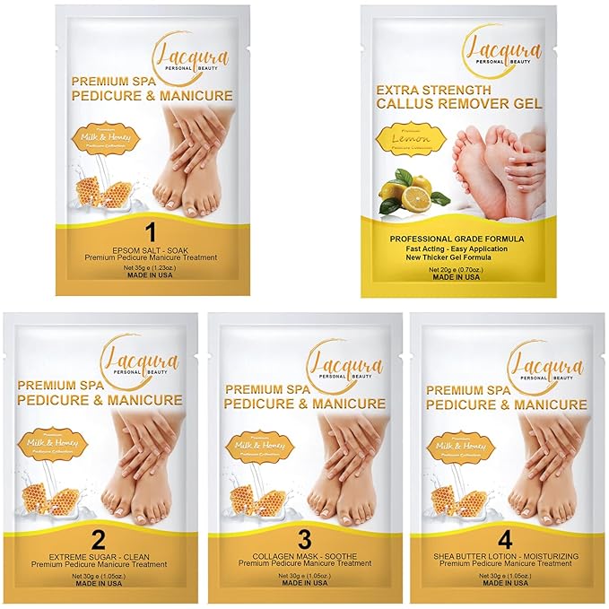 Deluxe Pedicure Kit 5 Step Spa Set – Epsom Salt Soak, Callus Remover Gel, Sugar Scrub, Collagen Mask & Shea Butter Lotion – Professional At Home Foot Care (Milk & Honey, 50 Sets)