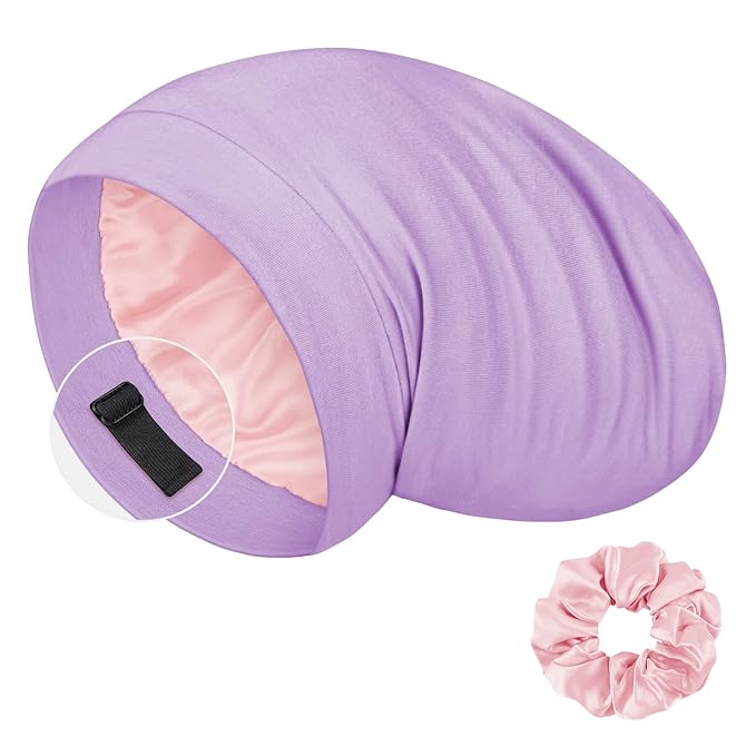 LULUSILK Mulberry Silk Bonnet for Sleeping Women, Real Silk Sleep Cap for Curly Hair and Braids, Pure Head Wrap with Scrunchies, Lavender