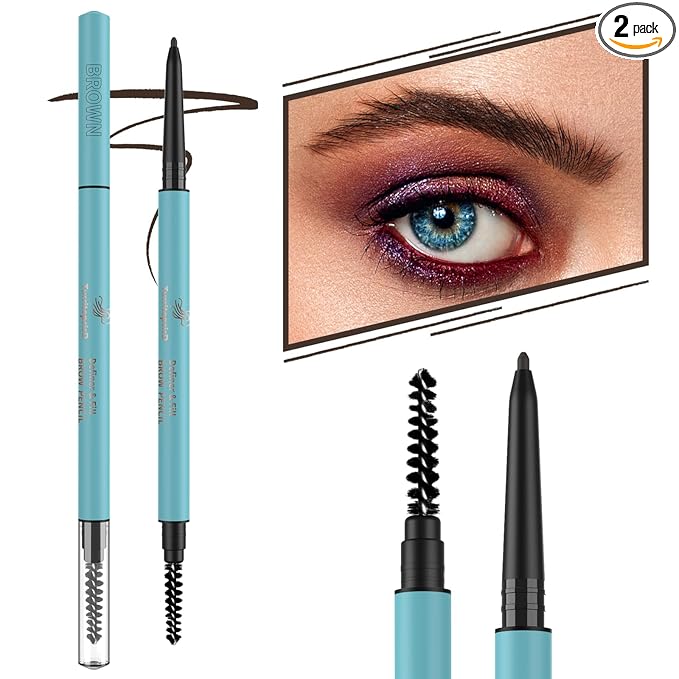 TurritopsisD Define & Fill Brow Pencil (2-Pack Black Brown) Waterproof Smudge-Proof Fine-Tip Very-Thin Pen with Built-in Spoolie Brush