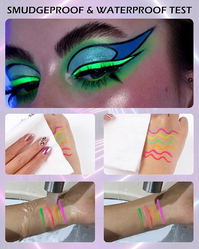 UV Glow Neon Liquid Eyeliner Set-6 Colors Matte Rainbow Eye Liner Pen, Colored Luminous Neon Eyeliner, Waterproof Smudge Proof, High Pigmented Colorful Eyeliner for Women Girl Rave Halloween Makeup
