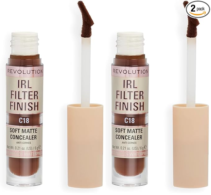 Revolution, IRL Filter Finish Concealer, Full Coverage, Oil-Free, Long-Lasting & Lightweight Formula, Infused with Hyaluronic Acid, Vegan & Cruelty-Free, C18, 0.21 oz (Pack of 2)