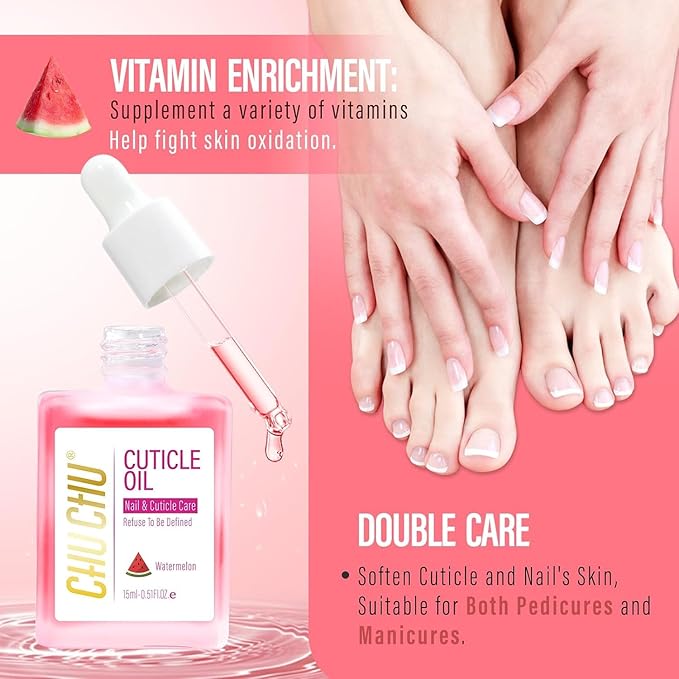 CHUCHU Vegan Cuticle Oil for Nail: Watermelon Scent Natural Vitamin B & E Nail Oil - Hydrates Moisturizes Repairs for Nails Damage Dry Cuticle 0.51 Fl Oz