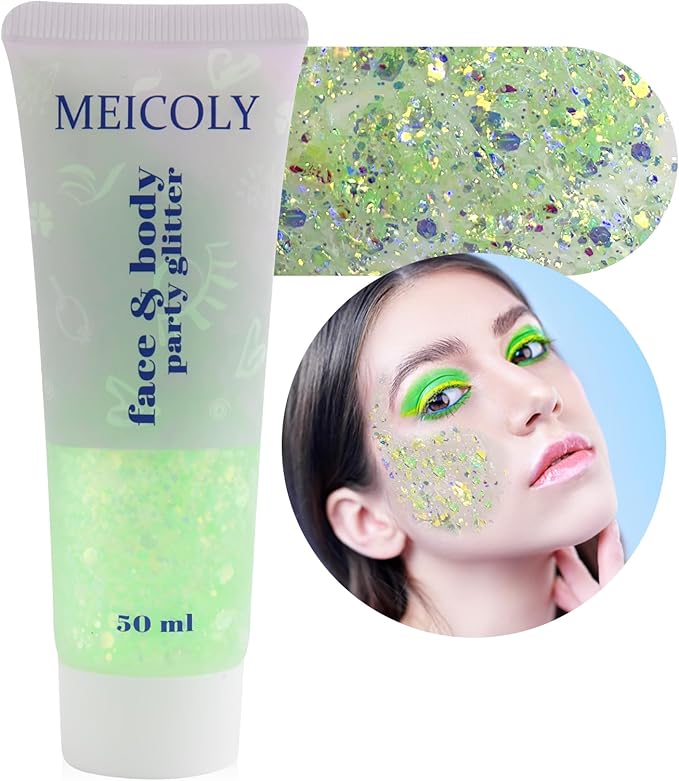 MEICOLY Lime Green Face Body Glitter,St Patricks Day Hair Glitter for Women Kids,Green Accessories Irish Parade Makeup,Spirit Day Wear Chunky Chameleon Face Glitter for Halloween Alien Makeup