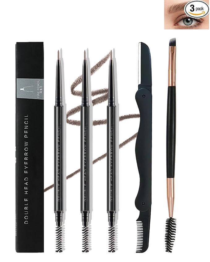 3 Pcs Waterproof Eyebrow Pencil Set,Light Brown Ultra Slim Eye Brow Pencil for Women with Brows Brush&Razor,Professional Brow Micro Retractable Long Lasting Gel Pen Shaping&Filling Brows Makeup - 03