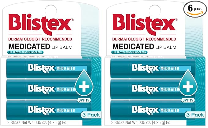 Blistex Medicated Lip Balm, 0.15 Ounce, Prevent Dryness & Chapping, SPF 15 Sun Protection, Seals in Moisture, Hydrating Lip Balm, Easy Glide Formula for Full Coverage, 3 Count, (Pack of 2)