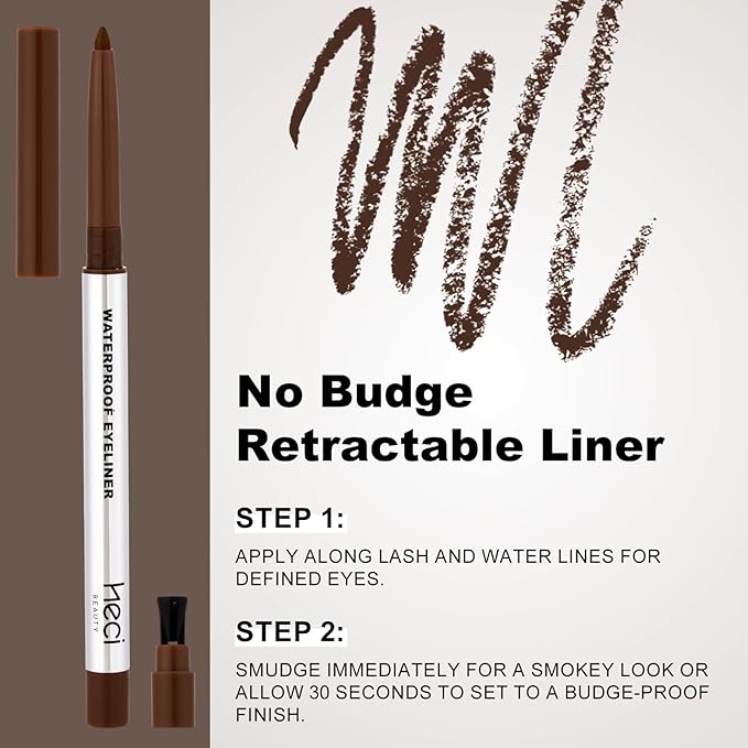 HECI BEAUTY Sharpenable Gel Eyeliner Pencil, Multi-Use Longwear Eyeliner Pencil, Ultra-Smooth Tip Eye Makeup with Up to 24HR Wear, Waterproof & Smudge-Proof - Brown