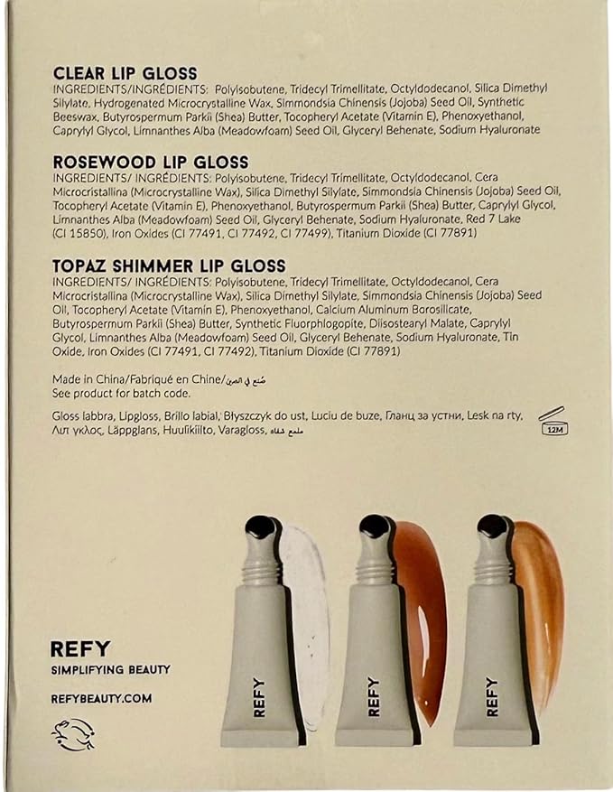 REFY Mini Lip Gloss Trio – Clear, Rosewood & Topaz Shades, Hydrating Non-Sticky Lip Gloss Set, 3 x 5 ml