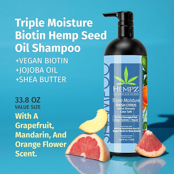 Hempz Biotin Hair Shampoo - Triple Moisture Fresh Citrus - Peach & Grapefruit - For Growth & Strengthening of Dry, Damaged and Color Treated Hair, Hydrating, Softening, Moisturizing 33.8 Fl OZ