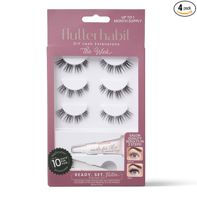 FlutterHabit Wink Ready Set Starter Kit, DIY Eyelash Extensions, Lash Clusters for Women, Professional Quality At Home Eyelash Extension Kit, Natural False Lashes, 3 Lash Sets, Lash Glue Included