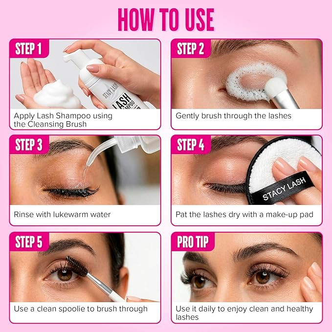 STACY LASH Lash Shampoo 100ml Kit Foaming Cleanser with Eye Lash Spoolies & Rinse Bottle & Cleansing Pad & Brush for Eyelash Extensions & Clusters & Natural Eyelashes