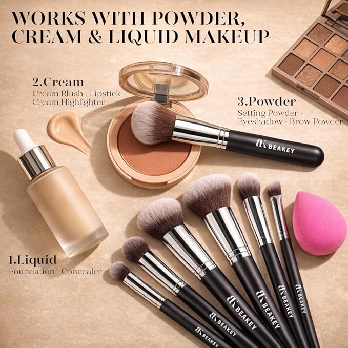 BEAKEY 13PCS Makeup Brush Set with Case & 2 Sponges, 10 Makeup Brushes Full Face Kit, Beginner Friendly, Soft Synthetic Bristles for Smooth Even Application, Travel Makeup Kit for Face & Eyes