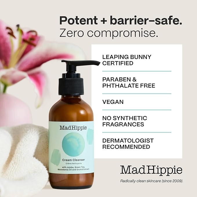Mad Hippie Cream Cleanser – Gentle Formula with Hyaluronic Acid, Jojoba Oil & Green Tea, Skin Barrier Protection, 4 Oz Ea