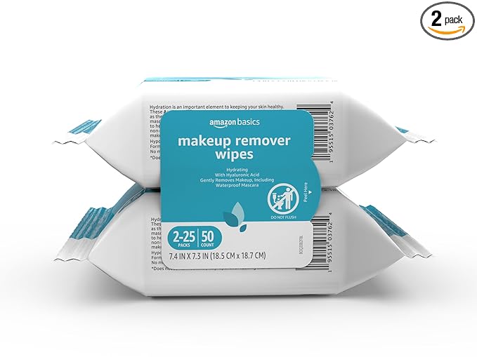 Amazon Basics Makeup Remover Wipes, Hydrating Facial Cleansing, Hyaluronic Acid, Dermatologist Tested, Plant Based, Alcohol-Free, Removes Waterproof Mascara, 25 Count, 2-Pack