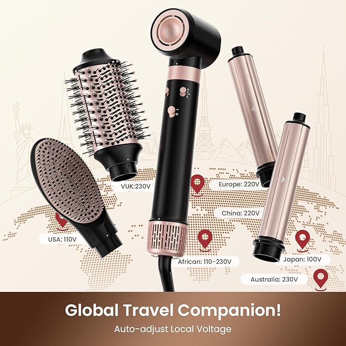 MESCOMB Dual Voltage Hair Dryer Brush - 5 in 1 Hot Air Styler Wrap with Auto Wrap Curlers, Fast Drying, Straightening & Volumizing, 100V–240V Global Travel with Storage Bag-Black
