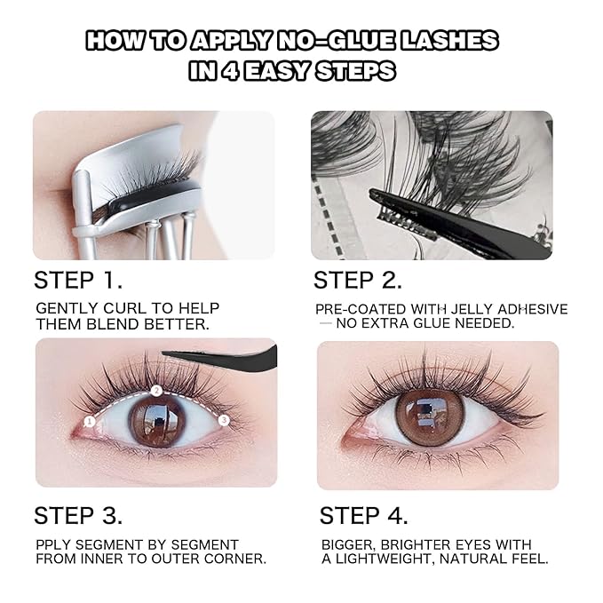 Glue-Free Wispy Lash Clusters Kit, 100 Pcs Individual Eyelash Clusters (12-20mm D Curl)- DIY Lash Extension Kit with Eyelashes Tweezers, Natural Fluffy Fake Lashes for Home Use, Beginners Friendly